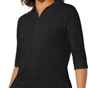 Black Women's 3/4 Sleeve Golf Polo Shirt with Zipper, V-Neck, Moisture-Wicking F